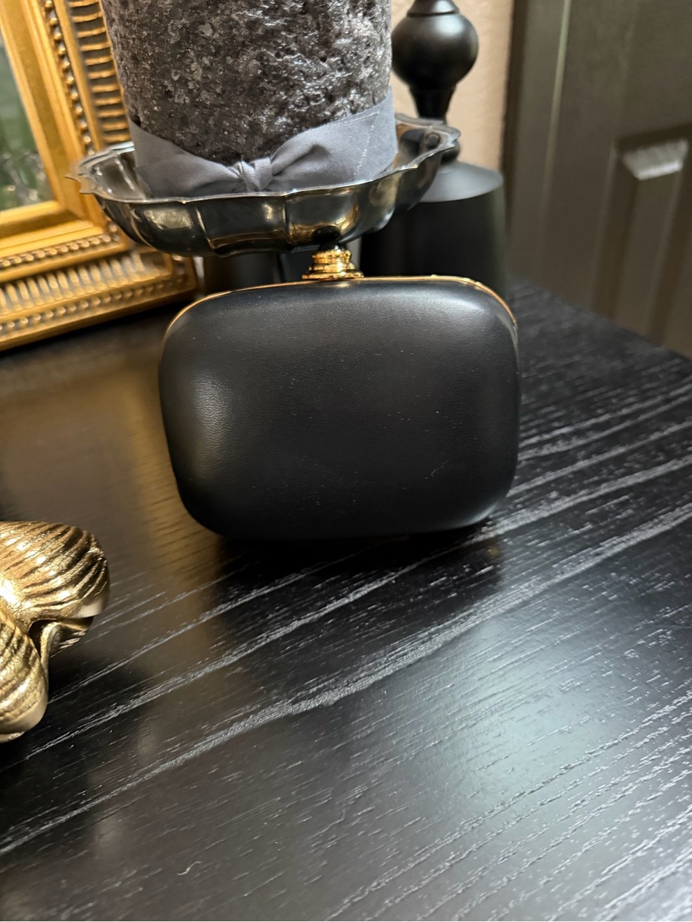 Black Leather Kiss-Lock Clutch